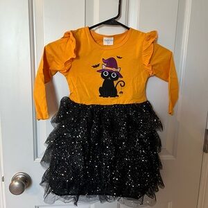 NWT Toddler Girls Long Sleeve Ruffle TuTu Dress, Orange, Black Cat, Size 4T